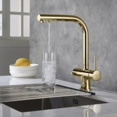 Bluewater Virtuves jaucējkrāns ar izvelkamu &scaron;ļūteni un savienojumu ūdens filtram Blue Water APALA, 5901730616262, zelta krāsā.