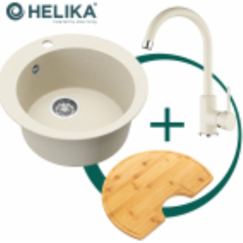 Helika Komplekts: virtuves izlietne, jaucējkrāns un galdiņ&scaron; SR100-113W+5523E2-001+SR-416.300 (bambuss).
