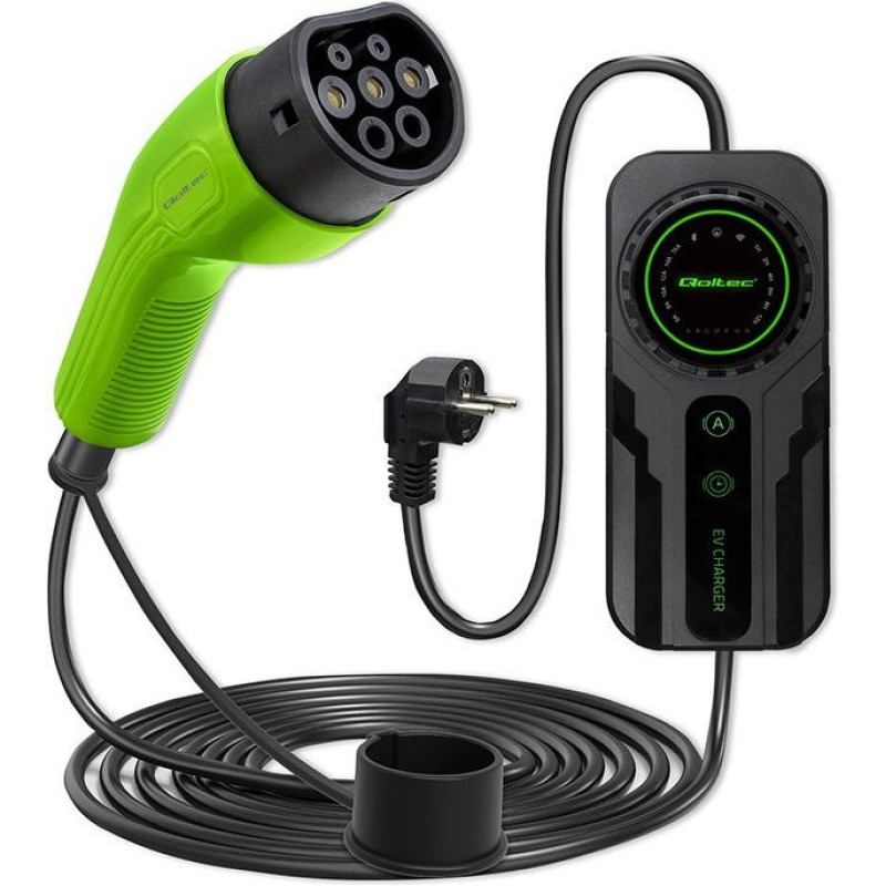 Qoltec Mobilna ładowarka do samochodu elektrycznego EV z regulacją 2w1 Typ2 | SCHUKO | 3.5kW | 230V | LCD | Przenośna | Wallbox | 5m
