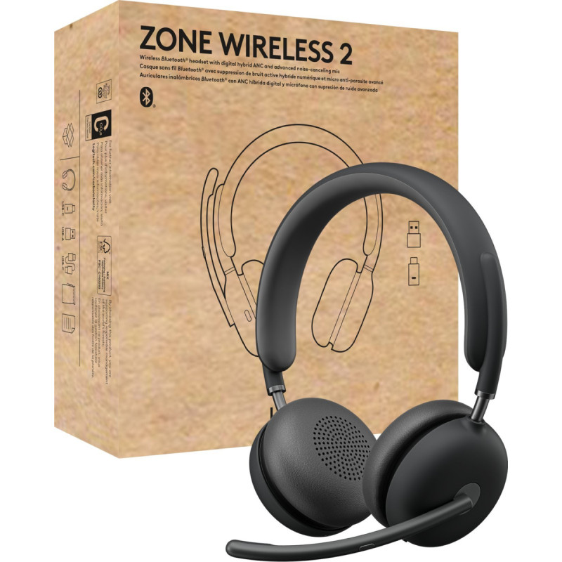 Logitech Słuchawki Logitech Zone Wireless 2 Teams, Wired & Wireless, Office/Call center, 230 g, Headset, Graphite
