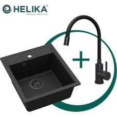 Helika Komplekts: Virtuves izlietne SQN100-601AQP+5543 MB, elastīgs jaucējkrāns un melns sifons.