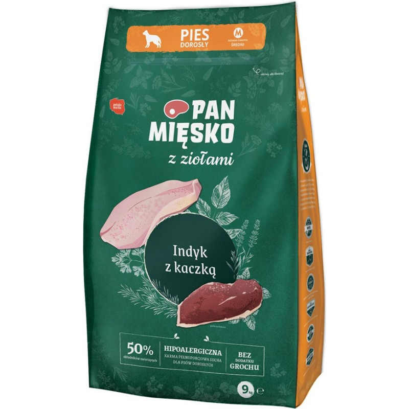 Pan Mięsko PAN MĘSKO with Herbs Turkey with duck M - dry dog food - 9kg
