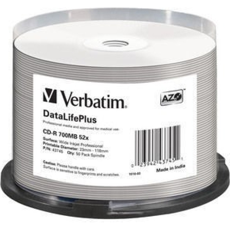 Verbatim CD-R 52x 700MB 50P CB DL Printable Azo 43745