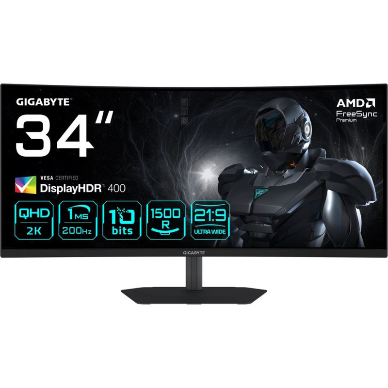 Gigabyte G34WQC2 34&rdquo; WQHD Curved Gaming Monitor - 3440 x 1440, 1500R, 200Hz, 1ms, 450 cd/m2, AMD FreeSync Premium, DisplayHDR 400, HDMI 2.0, Displayport 1.4