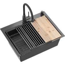 Quadron Virtuves izlietne ar sifonu, 1 nodalījums, bez pārplūves + Qmat + ieliktnis + dozators + koka dēlītis + jaucējkrāns.