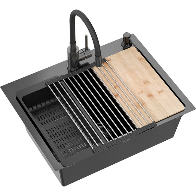 Quadron Virtuves izlietne ar sifonu, 1 nodalījums, bez pārplūves + Qmat + ieliktnis + dozators + koka dēlītis + jaucējkrāns.