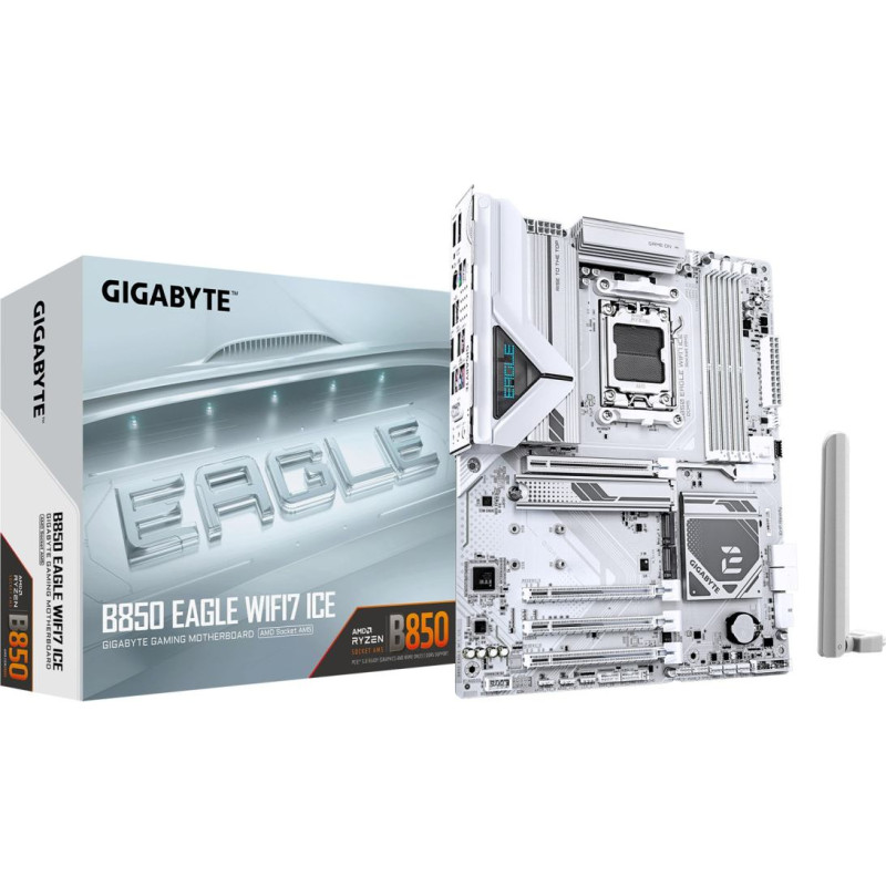 Gigabyte B850 EAGLE WIFI7 ICE Motherboard - AMD Ryzen 9000 Series CPUs, 8+2+2 Phases Digital VRM, up to 8200MHz DDR5 (OC), 1xPCIe 5.0 + 2xPCIe 4.0 M.2, WIFI 7, 2.5 GbE LAN, USB 3.2 Gen 2