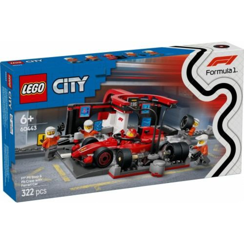 Lego City 60443 F1 pitstopa un boksu apkalpe ar Ferrari automašīnu