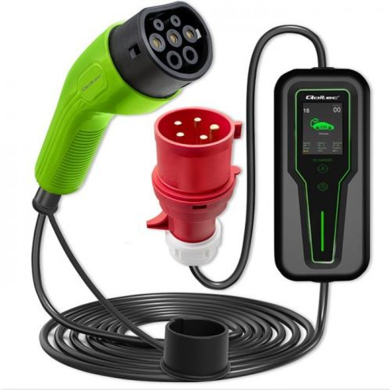 Qoltec Mobilna ładowarka do samochodu elektrycznego EV z regulacją 2w1 Typ2 | 7kW | CEE 3 PIN | 230V | LCD | Przenośna | Wallbox | 5m