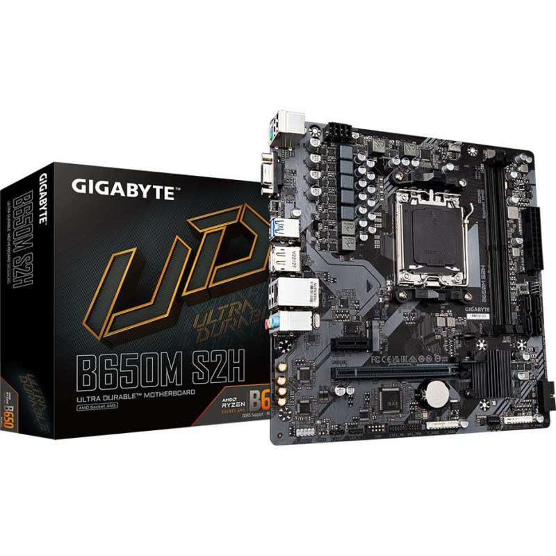 Gigabyte B650M S2H Motherboard - AMD Ryzen 9000 Series CPUs, 5+2+2 Phases VRM, up to 6400MHz DDR5 (OC), 1xPCIe 4.0 M.2, GbE LAN, USB 3.2 Gen 1