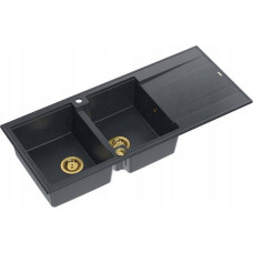 Graniteq Zlewozmywak GraniteQ EVAN 121 GraniteQ zlewozmywak z syfonem Push To Open 2-komorowy z/o (1160x500x210, kom. 420x340) black diamond / elementy złote