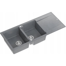 Graniteq Zlewozmywak GraniteQ EVAN 121 GraniteQ zlewozmywak z syfonem Push To Open 2-komorowy z/o (1160x500x210, kom. 420x340) silver stone / elementy stalowe