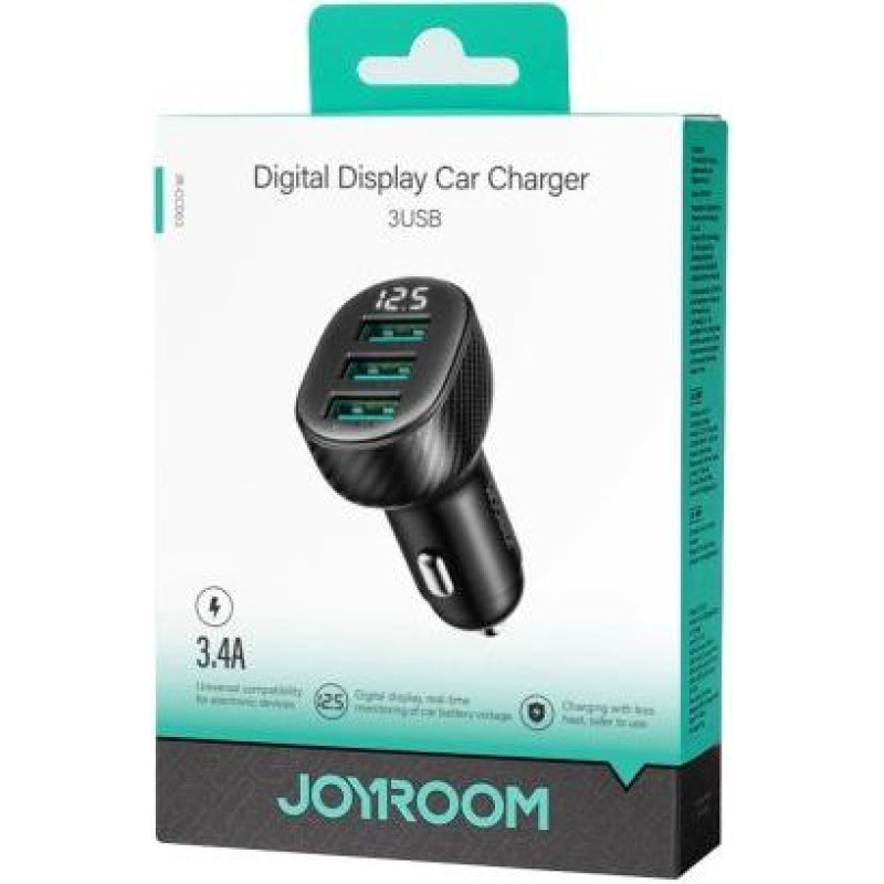 Joyroom Car Charger with Digital Display, U+U+U, 17W, Black (JR-CCD03)